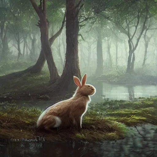 Prompt: a rabbit in the forest by a river, by stanley lau and greg rutkowski