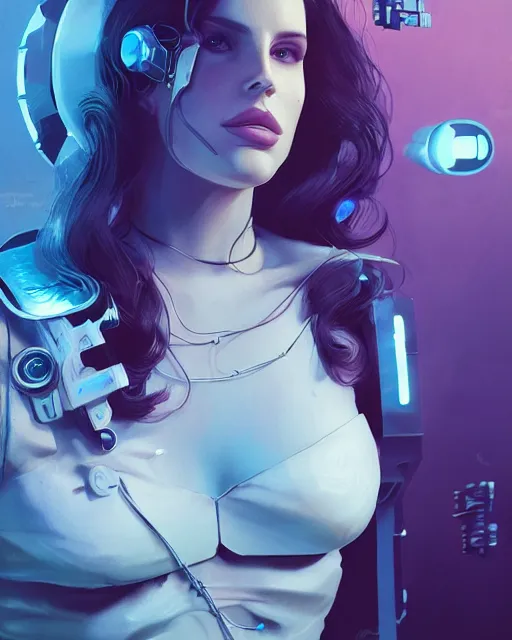 Image similar to portrait of lana del rey as a cyberpunk cyborg. roses, sci - fi, missing panels, intricate abstract upper body intricate artwork, by tooth wu, wlop, beeple, dan mumford. concept art, octane render, deviantart, greg rutkowski, cinematic, key art, hyperrealism, iridescent accents