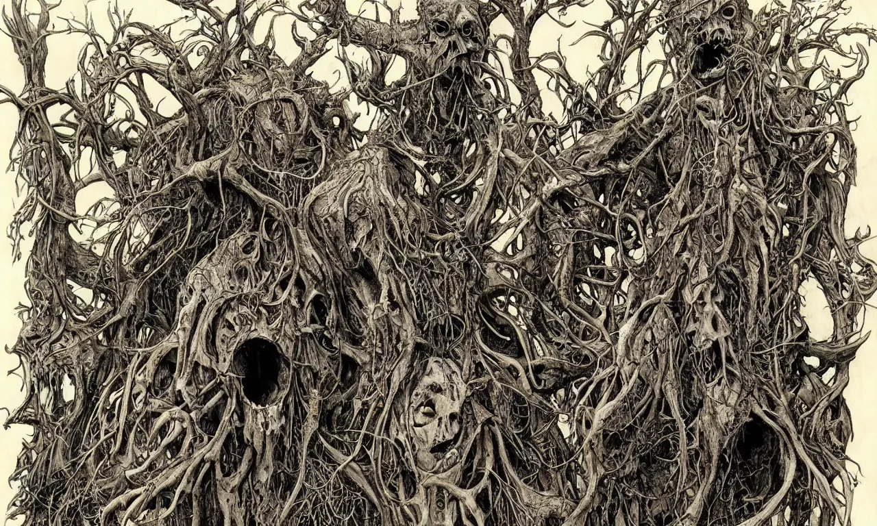 Image similar to hyperdetailed art nouveau portrait of treebeard and swamp thing as a cthulhu eyeball moose skull wendigo swamp thing creatures, by michael kaluta, pushead and bill sienkiewicz, photorealism, claws, skeleton, antlers, fangs, forest, wild, bizarre, scary, lynn varley, lovern kindzierski, steve oliff