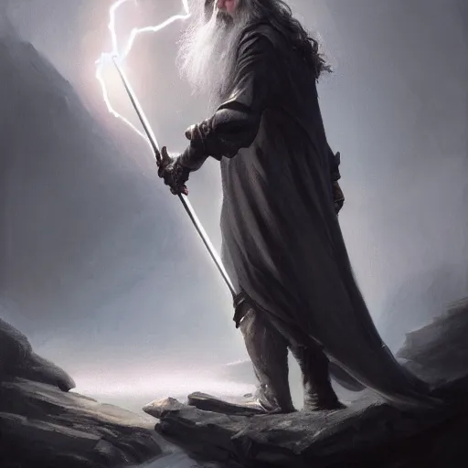 Prompt: gandalf casts a lightningbolt, dramatic lighting, chiaroscuro, high detail, painted by greg rutkowski, painted by igor kieryluk, painted by bobby chiu, trending on artstation