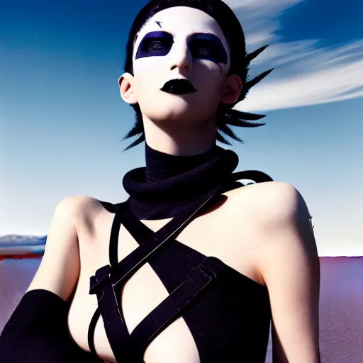 Image similar to photographic portrait of a stunningly beautiful goth cyberpunk renaissance female in strong sunshine on a salt flat, contemporary fashion shoot, by edward robert hughes, annie leibovitz and steve mccurry, david lazar, jimmy nelsson, breathtaking, 8 k resolution, extremely detailed, beautiful, establishing shot, artistic, hyperrealistic, beautiful face, octane render