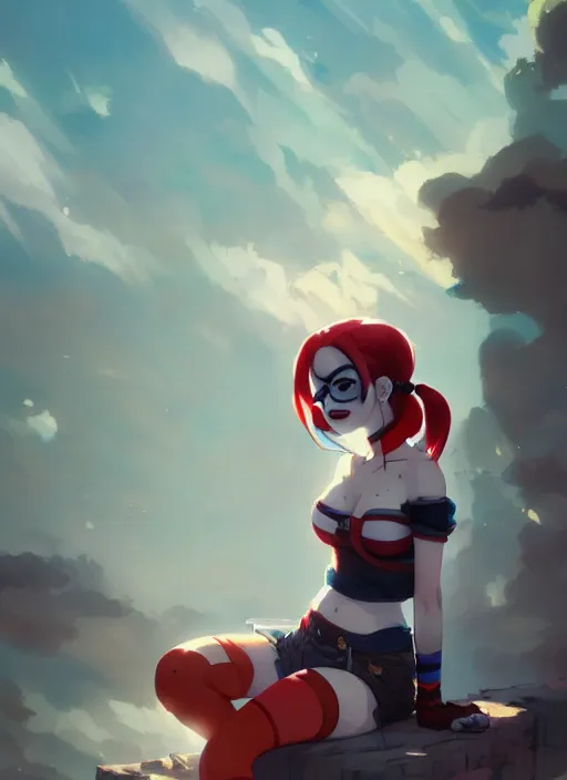 Image similar to portrait of cute harley quinn, cloudy sky background lush landscape illustration concept art anime key visual trending pixiv fanbox by wlop and greg rutkowski and makoto shinkai and studio ghibli