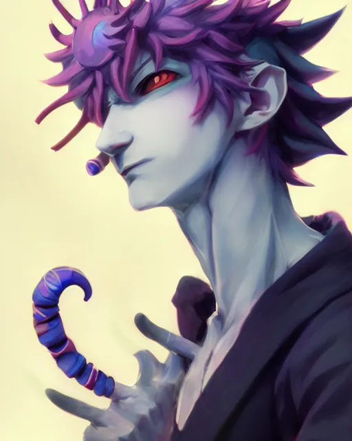 Image similar to extremely attractive soft feminine male as a jester anime character screenshot, nagito komaeda and hisoka jester, anime feminine male fool, intricate, sharp focus, illustration, highly detailed, digital painting, cell shaded, concept art, matte, art by ilya kuvshinov and kyoto animation and wlop, ruan jia, greg rutkowski, studio quality