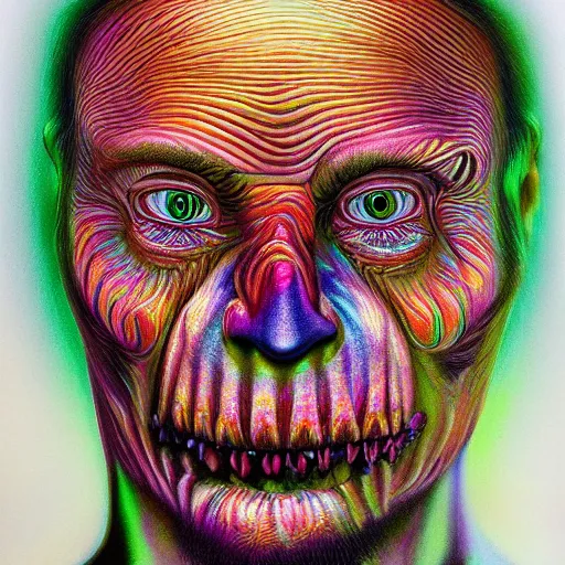 Image similar to hyperrealism realistic lsd detailed 3 d scary pyschedelic trippy nightmare face in the style of alex grey and pablo amaringo and david normal