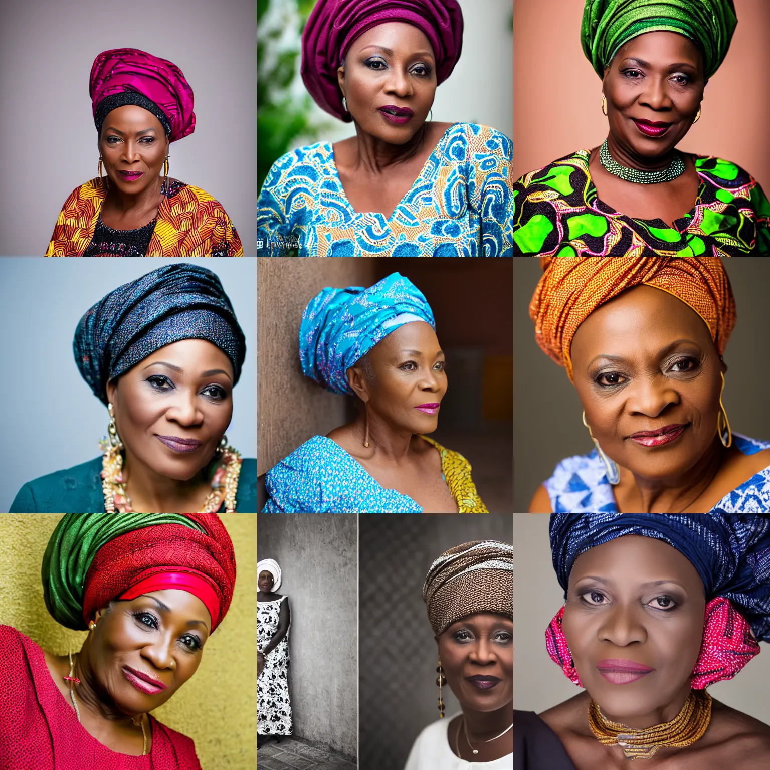Prompt: a portrait photograph of wise, beautiful, ageless, 5 5 year old nigerian female actress, traditional headwear, canon 8 5 mm f 1. 2 photograph