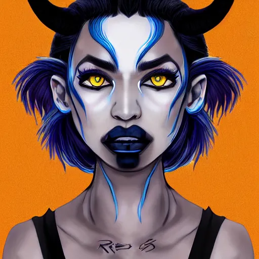 Image similar to illustrated portrait of ram-horned devil woman with blue bob hairstyle and hex #FFA500 colored skin tone and with solid black eyes and black sclera wearing leather by rossdraws