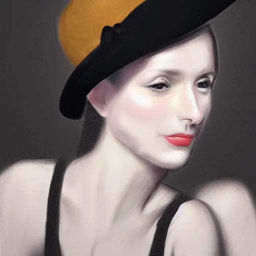 Image similar to portrait of a woman wearing a bowler hat, detailed digital art.