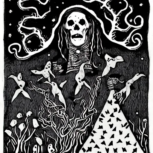 Prompt: silent dreaming of the dead, folk horror illustration