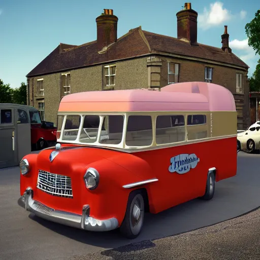 Image similar to digital matte glossy painting nostalgic 1 9 5 0 s ice cream van and village britain, detailed in the style of trevor mitchell