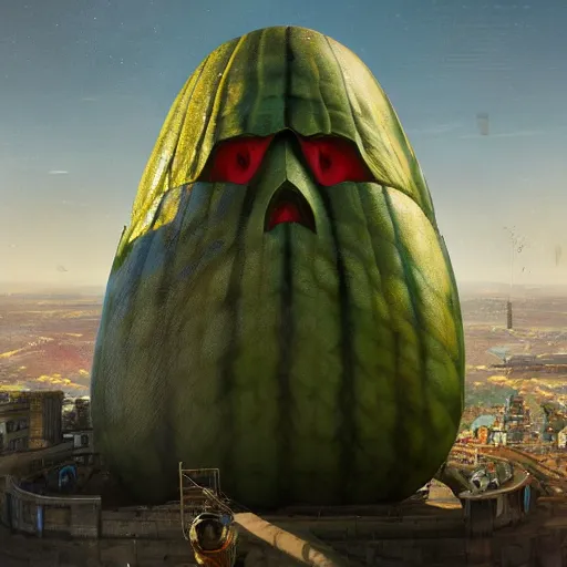 Prompt: Concept Digital Art Highly detailed giant Watermelon warlord protecting Ukrainian city by Stephen Hickman and Beeple. Very highly detailed 8K,Pentax 67, Kodak Portra 400 in style of Hiromasa Ogura Ghost in the Shell, the golden ratio, rational painting