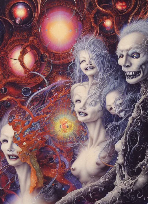 Prompt: realistic detailed image of a friendly figures of smiling ghosts made of light walking back and forth in the outer space by Ayami Kojima, Amano, Karol Bak, Greg Hildebrandt, and Mark Brooks, Neo-Gothic, gothic, rich deep colors. Beksinski painting, part by Adrian Ghenie and Gerhard Richter. art by Takato Yamamoto. masterpiece