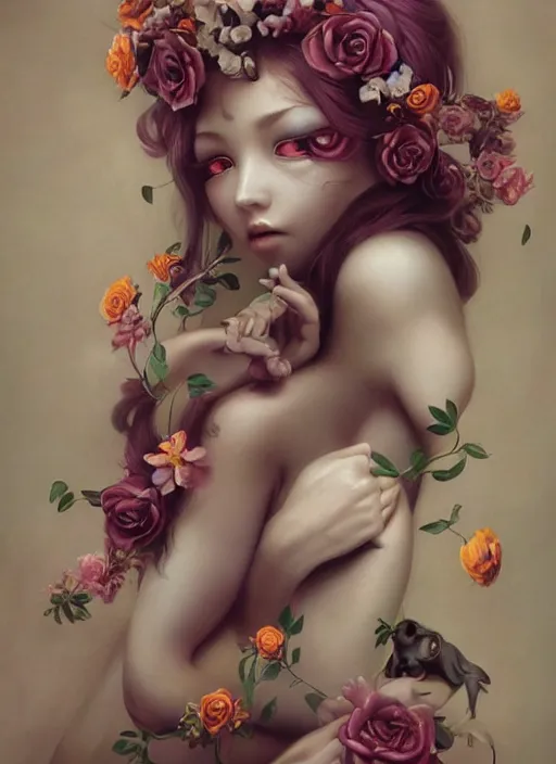 Image similar to pop surrealism, lowbrow art, realistic seductive cute woman painting, long hair, japanese shibari with flowers, hyper realism, muted colours, rococo, natalie shau, loreta lux, tom bagshaw, mark ryden, trevor brown style,