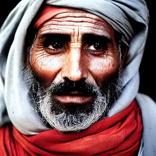 Image similar to portrait of felix beiderman as afghan man, green eyes and red scarf looking intently, photograph by steve mccurry