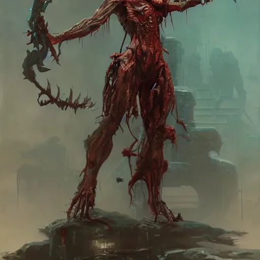 Image similar to zombie from doom eternal, tubes spliced to the body, front view, painted by stanley lau, painted by greg rutkowski, painted by stanley, artgerm, masterpiece, digital art, trending on arts