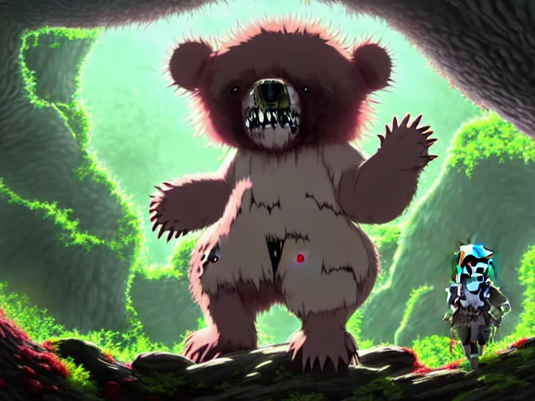 Prompt: high resolution 4 k goru, blood, furry bears horror made in abyss design bizarre design body a field of cool colors shading war bloody war wounded the country bears rock afire explosion billy bob dark forest fractal light through canopy made in abyss body horror narhate bears fluffy cute deformed black sky ziricote ivory brazilian rosewoodart in the style of akihito tsukushi