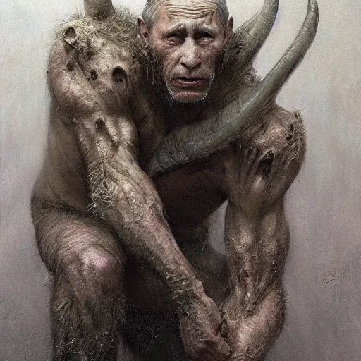 Image similar to vladimir putin, vladimir putin hybrid, vladimir putin is mutant, anthropomorphic bald prehistoric goat,, toothless, horror, macabre by donato giancola and greg rutkowski and wayne barlow and zdzisław beksinski, realistic face, digital art