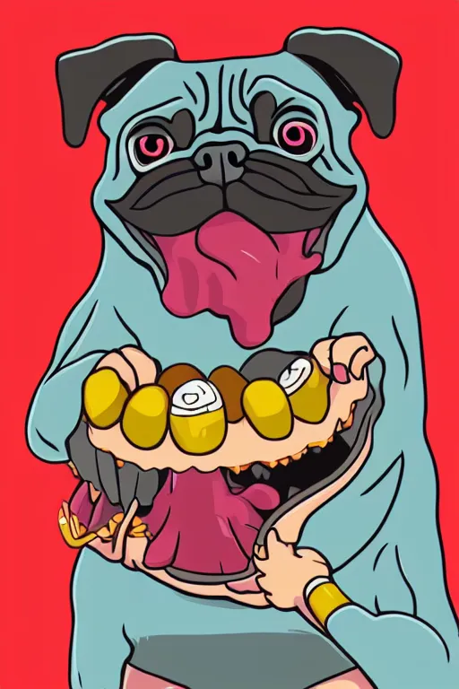 Image similar to demon pug eating flesh. art by samantha mash, sticker, colorful, illustration, highly detailed, simple, smooth and clean vector curves, no jagged lines, vector art, smooth