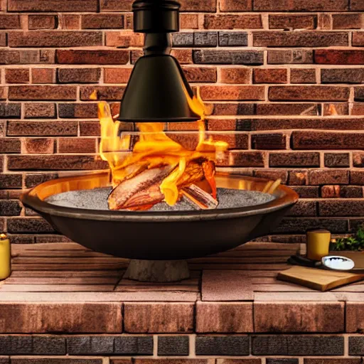 Prompt: wood fired bbq, brick construction, cosy, warm, yellow brick, artistic rendering 8k