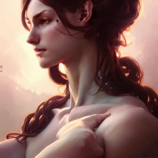 Image similar to , muscular upper body, D&D, fantasy, intricate, elegant, highly detailed, digital painting, artstation, concept art, smooth, sharp focus, illustration, art by artgerm and greg rutkowski and alphonse mucha