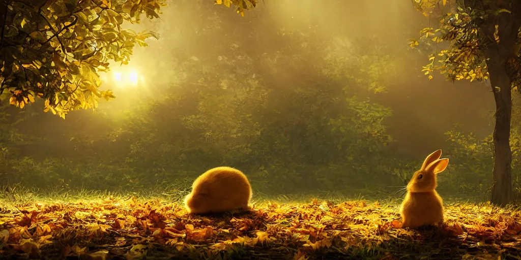 Image similar to A yellow baby rabbit, temple, sunset with falling leaves, Tyndall rays, low angle, light through the mist, dramatic lighting, photorealistic, cinematic lighting, high detail, cinematic feel, high octane, 4K, Unreal Engine, digital render, intricate, ultra realistic, concept art