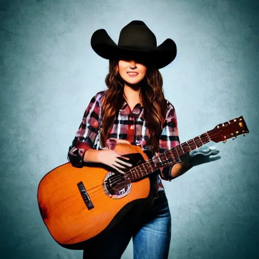 Image similar to a female fox animal, wearing cowboy hat, wearing plaid shirt, playing guitar, inside a barn, album cover style