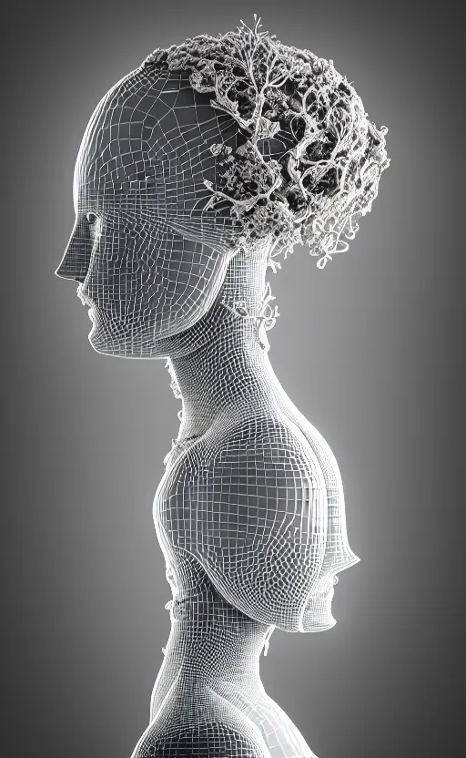 Prompt: black and white complex 3d render of a beautiful profile woman face, vegetal dragon cyborg, 150 mm, beautiful natural soft light, silver details, magnolia stems, roots, fine lace, maze like, mandelbot fractal, anatomical, facial muscles, cable wires, microchip, elegant, highly detailed, white metallic armour, rim light, octane render, H.R. Giger style