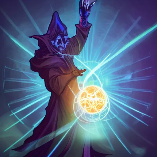 Image similar to a warlock is casting a magic spell while with magic orb floating in his hand , dynamic pose, chromatic aberration , medium level shot, Mucha style , Grim fantasy, illustration ,concept art,