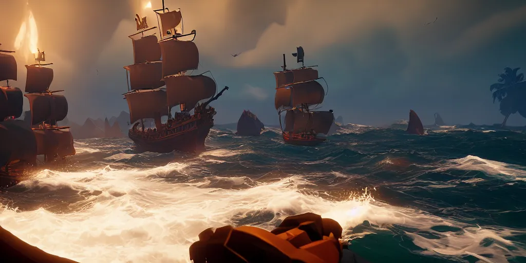 Image similar to sea of thieves screenshot, a chtulhu is visible, storm, unreal engine, digital art