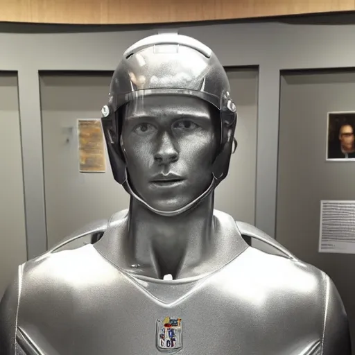 Image similar to “ a realistic detailed photo of a guy who is an attractive humanoid who is half robot and half humanoid, who is a male android, football player christian mccaffrey, shiny skin, posing like a statue, blank stare, at the museum, on display ”