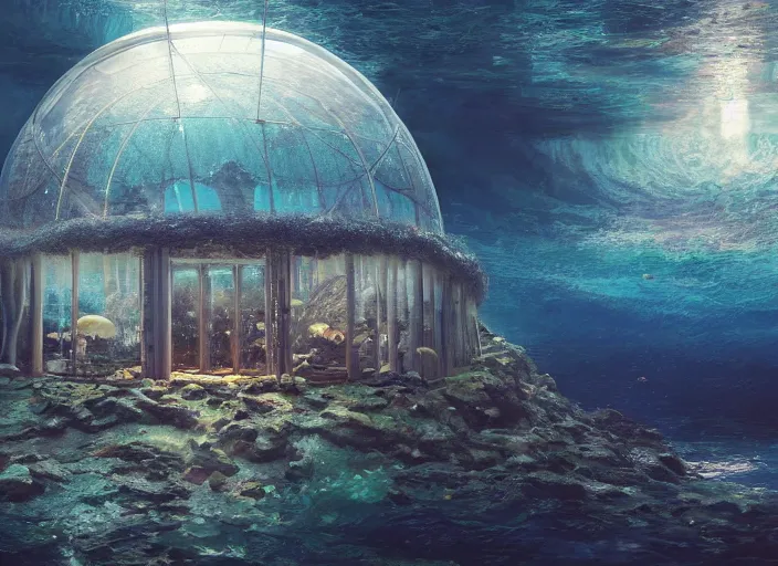 Image similar to masterpiece artwork of a underwater dome inside the ocean, au naturel, hyper detailed, digital art, trending in artstation, cinematic lighting, studio quality, smooth render, unreal engine 5 rendered, octane rendered, art style by klimt and nixeu and ian sprigger and wlop and krenz cushart