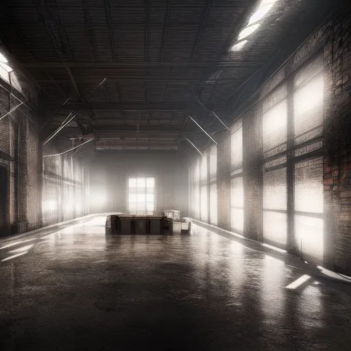 Prompt: Trending on artstation, atmospheric warehouse, liminal space, dramatic illumination