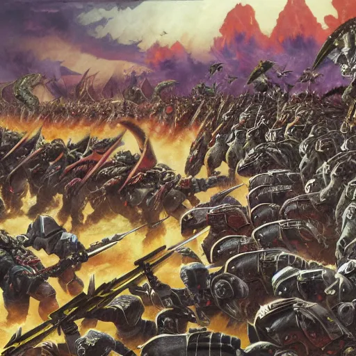 Image similar to Battle of the Imperial Guard on the planet against the Tyranids, Warhammer 40,000, Artist - Phil Moss