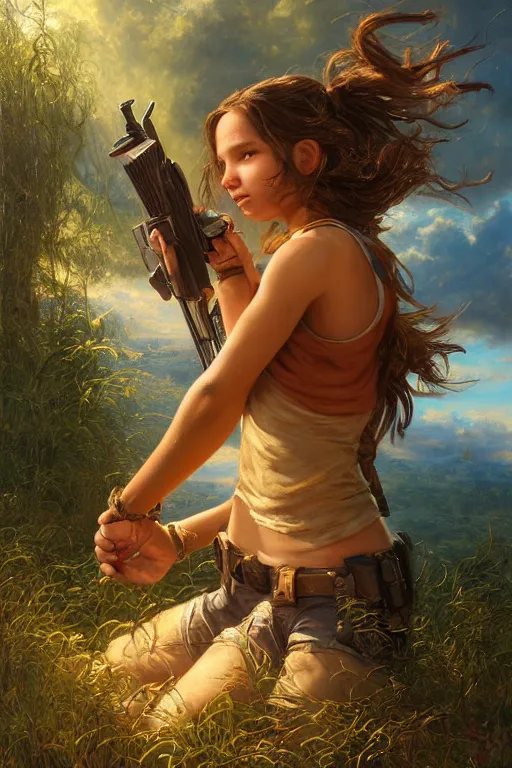 Image similar to golden hour, young Lara Croft chilling out, Lilia Alvarado, Sophie Anderson, Mark Arian, Bob Byerley, Charlie Bowater, Mark Brooks, Steve Henderson, Justin Gerard, Arthur Hughes, Edward Robert Hughes, Mark Keathley, Victor Nizovtsev, Carlos Shwabe, Ross Tran, WLOP