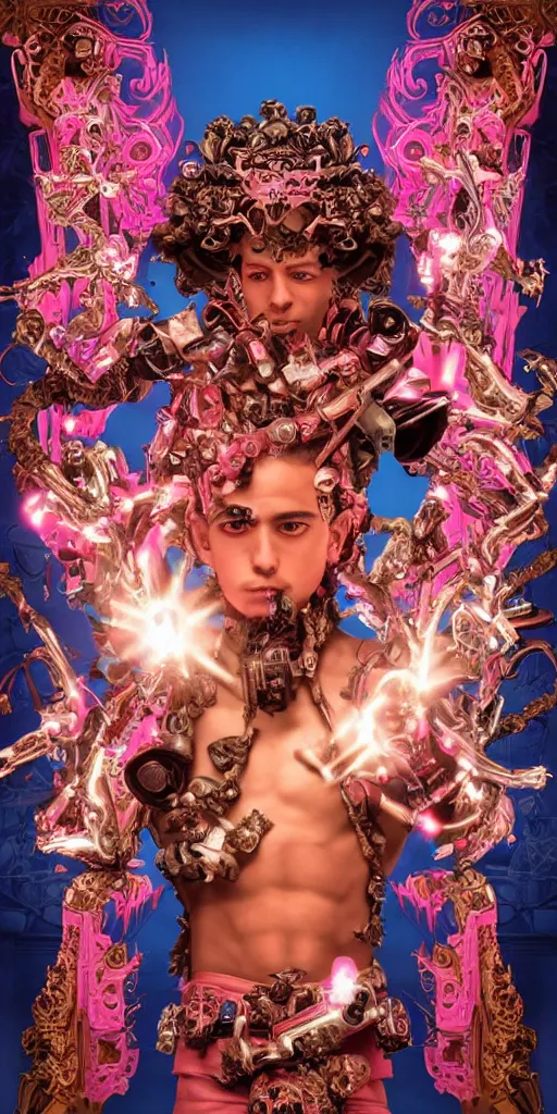 Image similar to baroque and cyberpunk style full-body sculpture of a young seductive Hispanic prince half android with a chest exposing a glowing ruby battery, glowing pink seductive laser eyes, crown of blue gears and diamonds, swirling salmon-colored silk fabric, robotic raptors dinosaurs. baroque elements. full-length view. intricate artwork by caravaggio. art by Artgerm and Greg Rutkowski and Alphonse Mucha, Trending on artstation, cinematic industrial lighting, photorealistic, octane render, 8k, depth of field, 3D