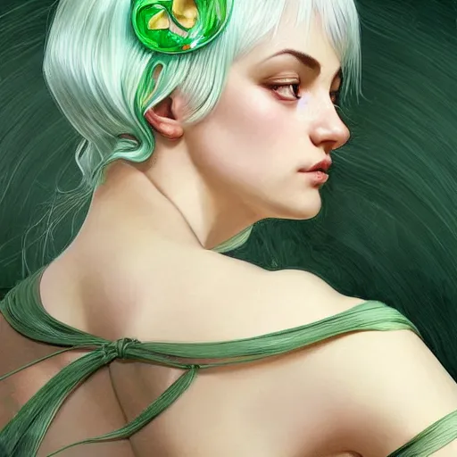 Image similar to ultra realistic illustration, dream girl with white hair, with light green eyes, with cat ears, in a sundress, intricate, elegant, highly detailed, digital painting, artstation, concept art, smooth, sharp focus, illustration, art by artgerm and greg rutkowski and alphonse mucha