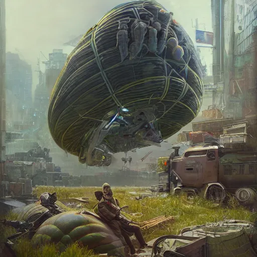 Image similar to Concept Digital Art Highly detailed Giant Watermelon war machine protecting Beautiful Ukrainian village by Taras Shevchenko By Stephen Hickman and Beeple. Very highly detailed 8K,Pentax 67, Kodak Portra 400 in style of Hiromasa Ogura Ghost in the Shell, the golden ratio, rational painting