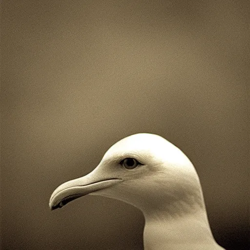 Image similar to portrait, extreme close up, sepia, beautiful light - iconic photo of seagull smoking cigarette, stares at the camera, night sky, stars, bruce gilden, leica s, fuji 8 0 0, grainy, low light