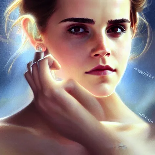 Image similar to beautiful portrait of emma watson, natural beauty expressive pose, fantasy, intricate, elegant, highly detailed, digital painting, artstation, concept art, smooth, sharp focus, luxury fashion illustration, art by artgerm and greg rutkowski and alphonse mucha, brightly lit cinematic soft lighting, photorealistic