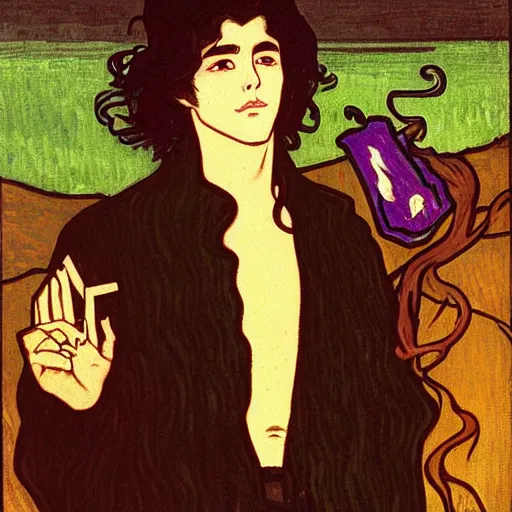 Image similar to painting of young cute handsome beautiful dark medium wavy hair man in his 2 0 s named shadow taehyung and cute handsome beautiful min - jun together at the halloween party, bubbling cauldron, candles, smoke, tarot, autumn colors, elegant, stylized, soft facial features, delicate facial features, art by alphonse mucha, vincent van gogh, egon schiele