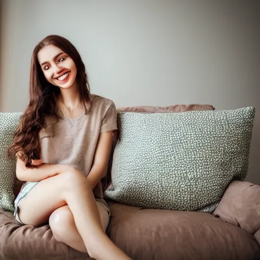 Image similar to a cute young woman smiling, long shiny bronze brown hair, full round face, emerald green eyes, medium skin tone, light cute freckles, smiling softly, wearing casual clothing, relaxing on a modern couch, interior lighting, cozy living room background, medium shot, mid-shot, soft focus