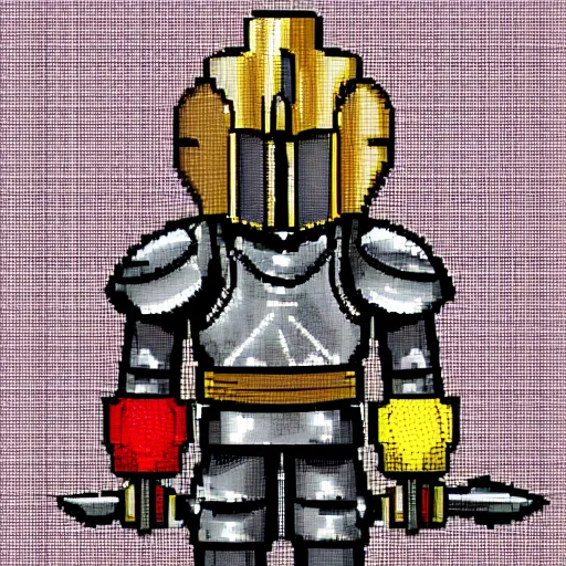 Prompt: medieval knight wearing heavy plate armor and carrying a giant sword, pixel art, vibrant colors,