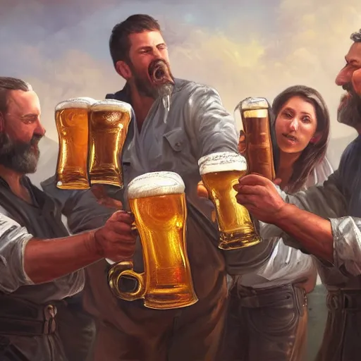 Prompt: an epic painting of the crusaders order of beer lovers, holding mugs of beer in their hands, oil on canvas, golden hour, beautiful detailed, photorealistic, digital painting, artstation, concept art, smooth, sharp focus, illustration, fantasy background, artstation trending, octane render, unreal engine