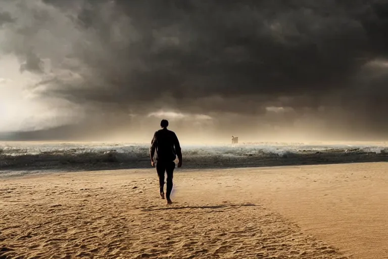 Image similar to a cinematic wide angle shot of a man in his early twenties walking on the sand towards the camera with his head down, sea behind him, in the 2 0 2 1 movie dune, the sand is in the form of a wave, stormy weather, dry, film still, cinematic, dramatic lighting, by zack snyder