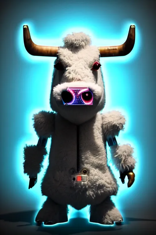 Image similar to high quality 3 d render sci - fi very cute cyborg cow shaggy! hybrid! drinking beer, highly detailed, unreal engine cinematic smooth, in the style of blade runner & detective pikachu, hannah yata charlie immer, dark blue neon light, low angle, uhd 8 k, sharp focus