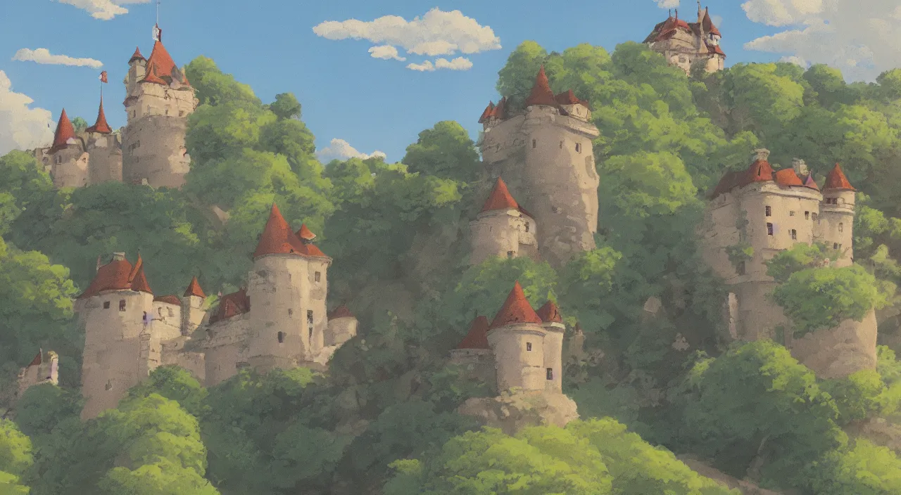 Prompt: a landscape painting of a French castle, with a square, in the style of anime, by Studio Ghibli, trending on artstation