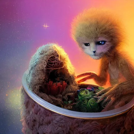 Image similar to long shot of a very furry alien chick nesting in a floral cup, esao andrews, by m. w. kaluta, humorous!!! illustration, hyperrealistic, tilt shift, warm colors, night scenery, low light, 3 d octane render, 4 k, volumetric lights, smooth, cosy atmosphere, conceptart, hyperdetailed, trending on deviantart