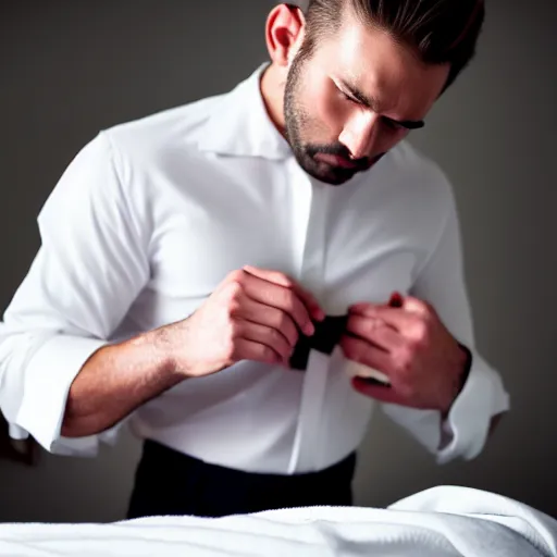 Prompt: a man ironing his collar shirt, placed on a bed, photography, award winning, hyper detailed, dim lighting, high quality, sharp focus, smooth