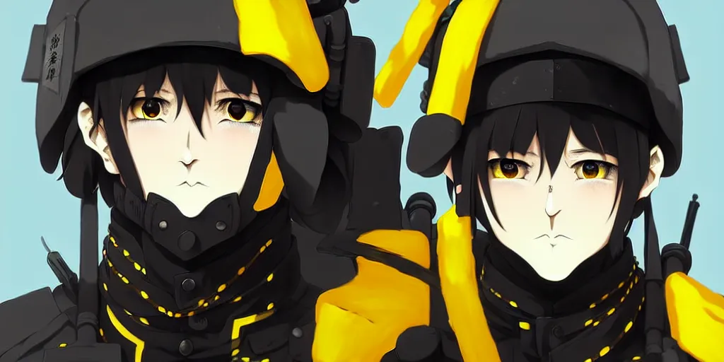 Image similar to anime portrait of a vicious helldiver scout soldier, black armor with yellow accents, in a japanese city street, concept art, by ilya kuvshinov, by makoto shinkai, anime, pixiv top monthly, trending on artstation, cinematic, danbooru, zerochan art, kyoto animation