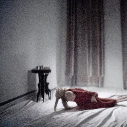 Prompt: movie still of a girl and a demon sleep paralysis, cinematic composition, cinematic light, criterion collection, by edgar wright and edgar allan poe