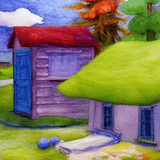 Image similar to small wooden house in the middle of spring forest, bright colours, watercolor, volumetric wool felting, macro photography, children illustration, by edward hopper